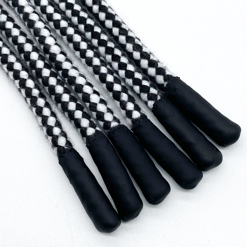 Factory custom 5mm black and white jacquard dip silicone dipped hoodie draw cord string round hoodie custom tips pull rope