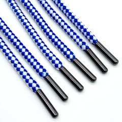 Factory custom 5mm blue and white jacquard polyester thick pull rope round hoodie pull rope custom tips drawstring