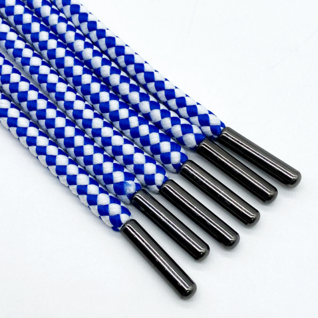 Factory custom 5mm blue and white jacquard polyester thick pull rope round hoodie pull rope custom tips drawstring