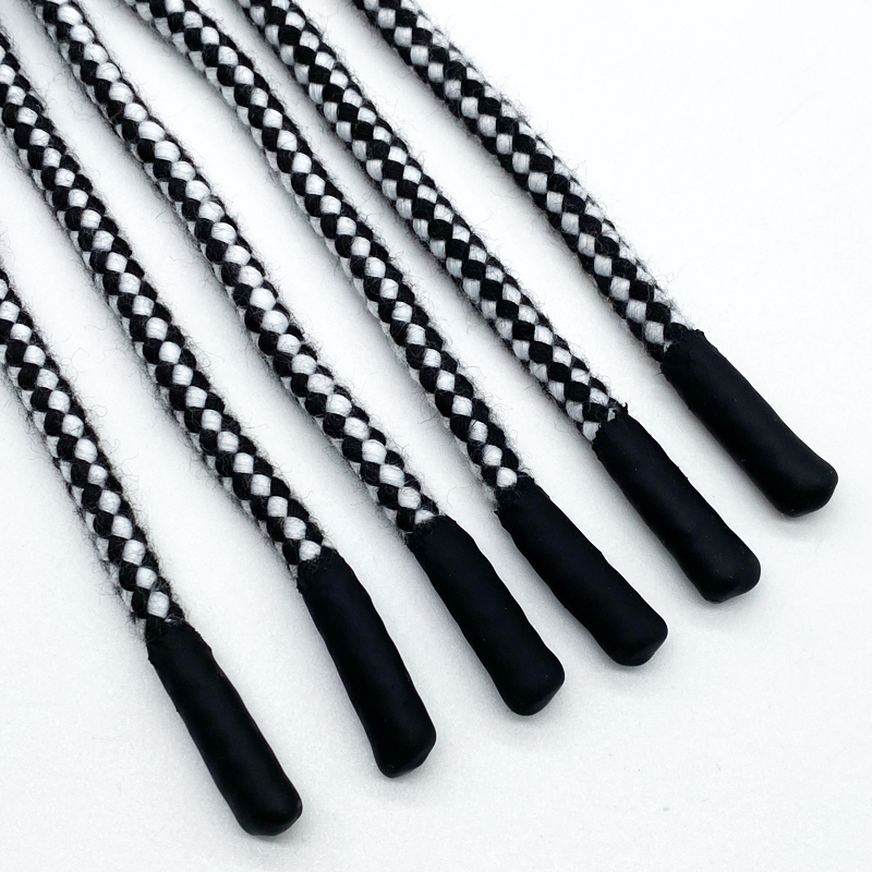 Factory custom 5mm black and white jacquard dip silicone dipped hoodie draw cord string round hoodie custom tips pull rope