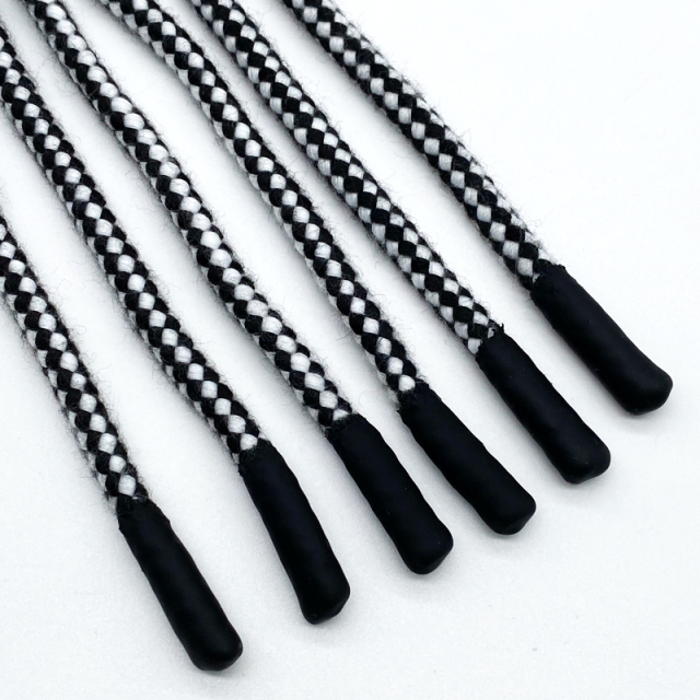 Factory custom 5mm black and white jacquard dip silicone dipped hoodie draw cord string round hoodie custom tips pull rope