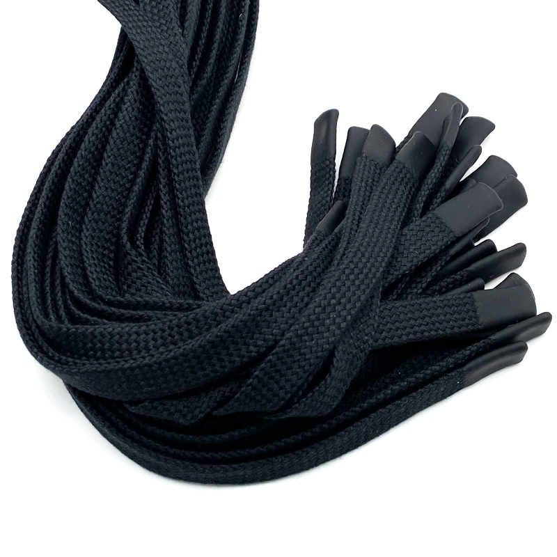 Custom logo woven cotton Flat Drawstring Dipping Plastic Tip silicone Drawcord for Garment fashion Hoodie bag garments cord