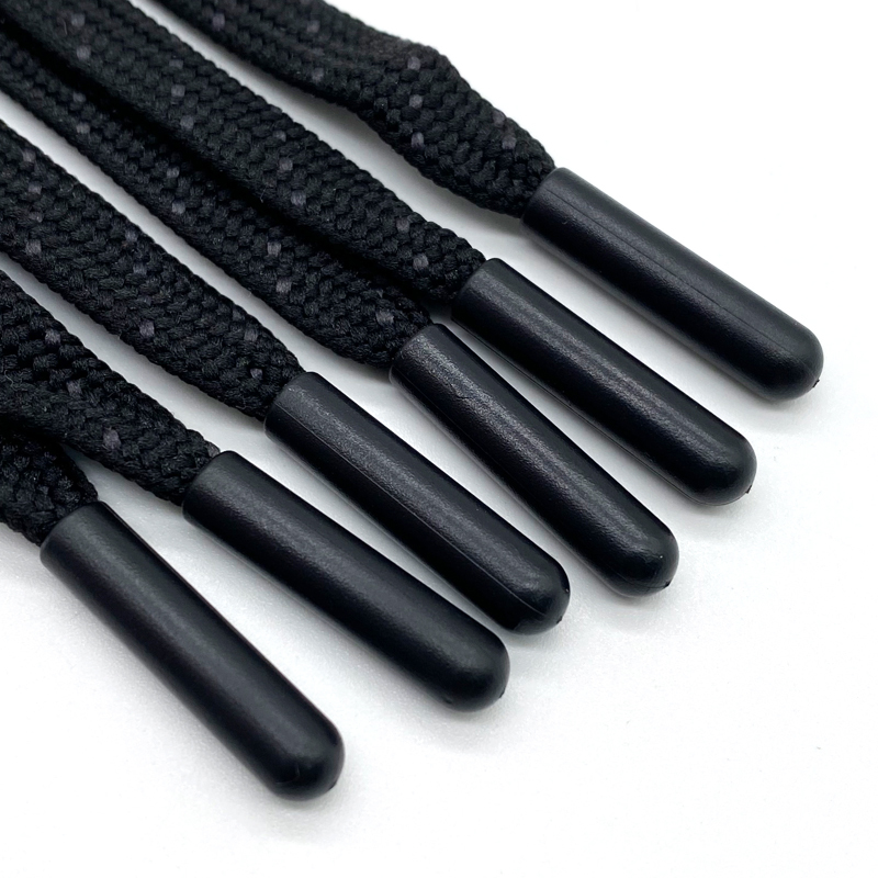Recyclable Customized Printed black Flat Cord Shoelaces with Laser plastic logo rope shoelaces drawcord tipping