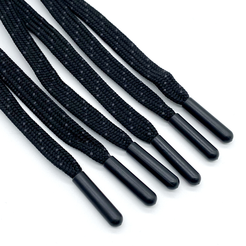 Recyclable Customized Printed black Flat Cord Shoelaces with Laser plastic logo rope shoelaces drawcord tipping