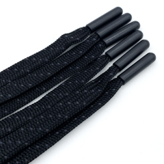 Recyclable Customized Printed black Flat Cord Shoelaces with Laser plastic logo rope shoelaces drawcord tipping