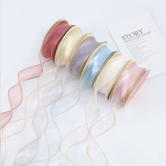 Custom Wholesale Edge Fishtail Wave Organza Silk Ribbon For Gift Wrapping Decoration Crafts Bouquet Packing