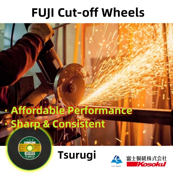 FUJI TSURUGI cutting wheel is used for cutting one steel handrail by a worker