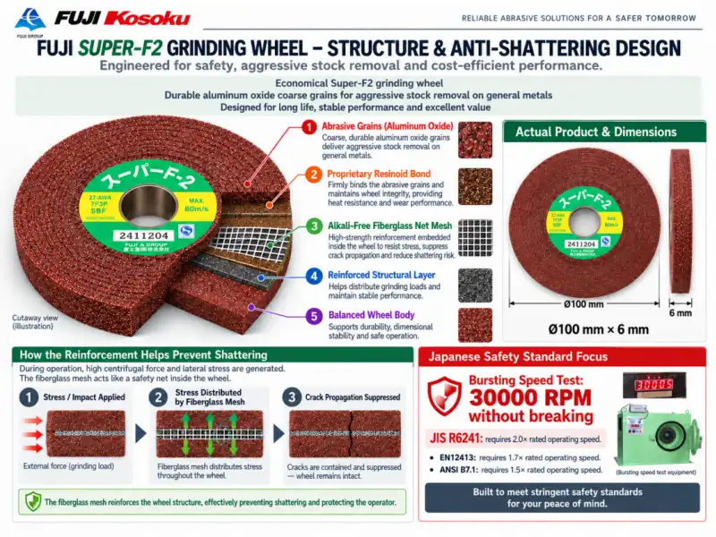 FUJI Super F2 grinding wheel structure with aluminum oxide abrasive, resin bond and fiberglass reinforcement