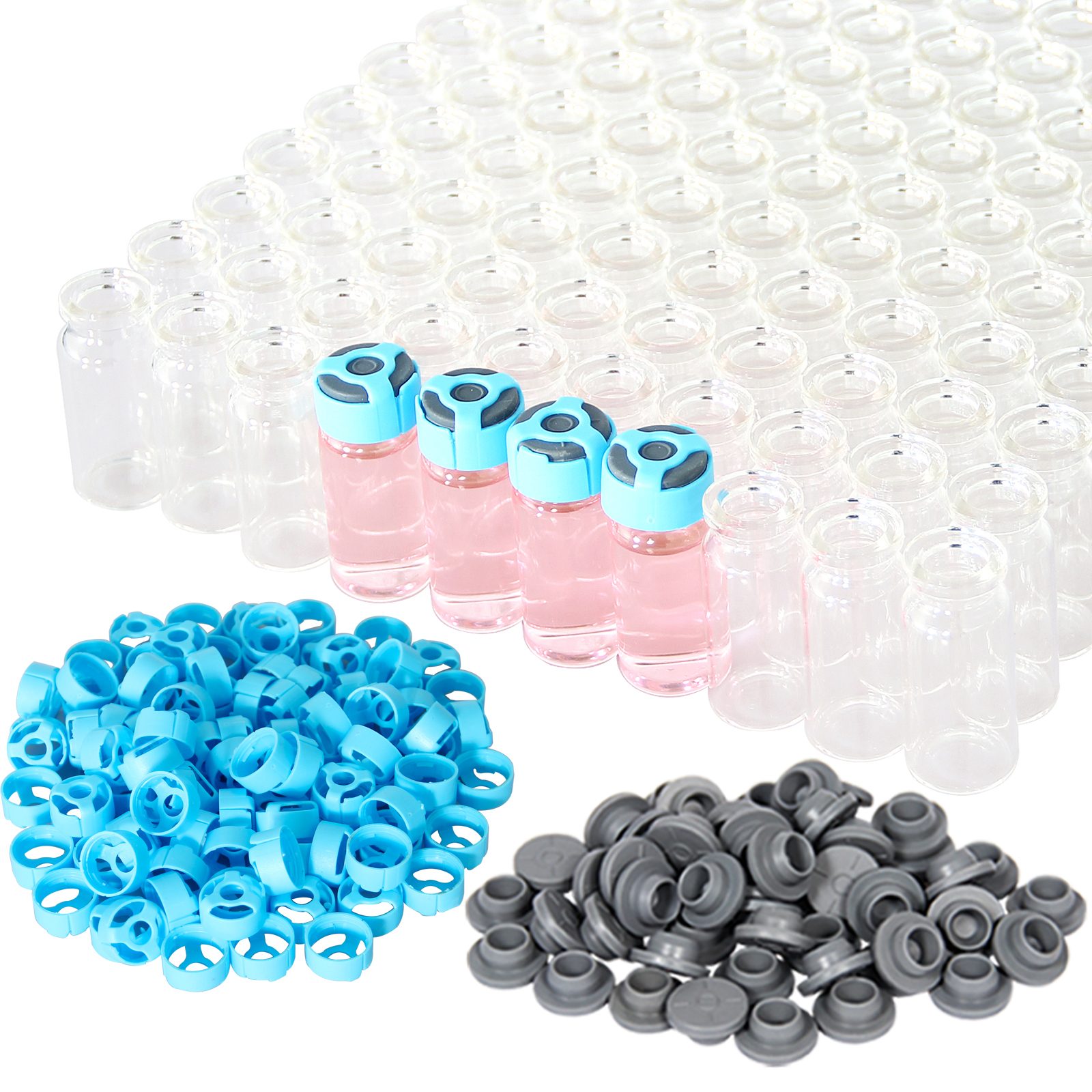 10ml Clear Glass Vials-2-1/2 Dram Clear Glass Headspace Vials with Self-locking Caps and Rubber Stoppers, 100 Packs, 20mm Flat Bottom Lab Vial