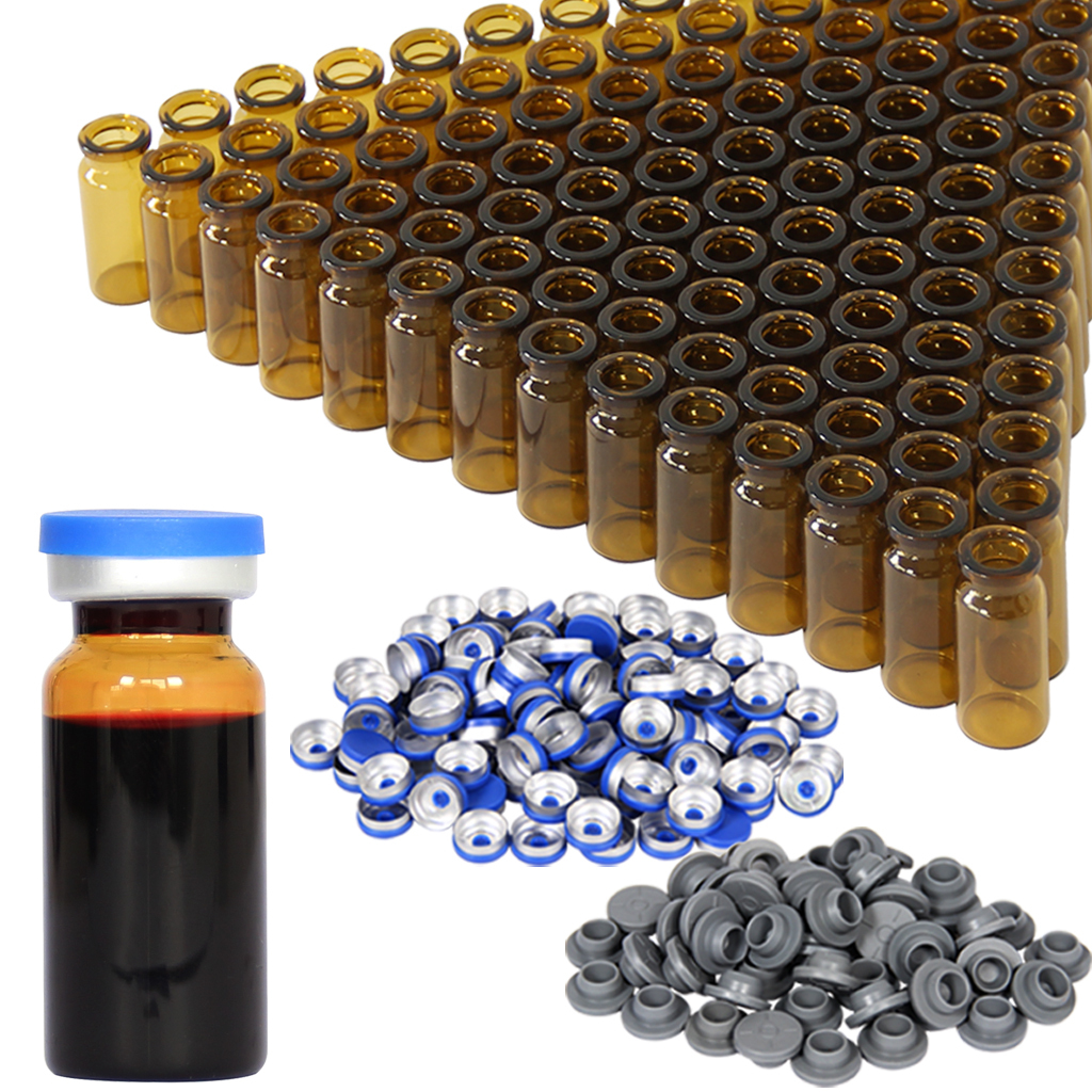 10ml Glass Vials-2-1/2 Dram Amber Glass Headspace Vials with Plastic-Aluminum Flip Caps and Rubber Injection Stoppers, 100 Pack, 20mm Flat Bottom Lab Vial