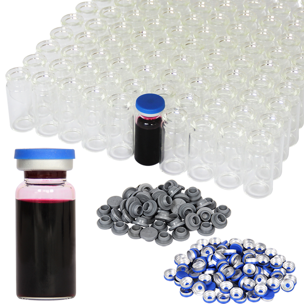 10ml Glass Vials-2-1/2 Dram Amber Glass Headspace Vials with Plastic-Aluminum Flip Caps and Rubber Injection Stoppers, 100 Pack, 20mm Flat Bottom Lab Vial
