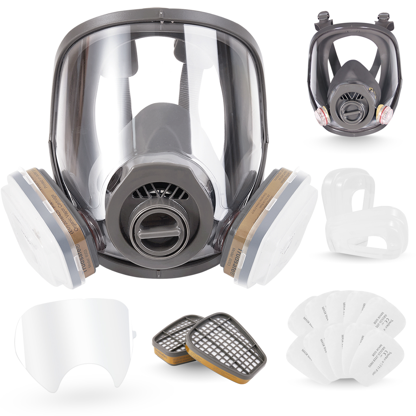 Trudsafe 25 in 1 Full Face Respirator Face Cover for Painting Sparying, Organic Vapor and Dust, Two Kinds of Connectors, 10 Pcs Lens Cover Included, Gas Cover Respirator with Organic Vapor Filter