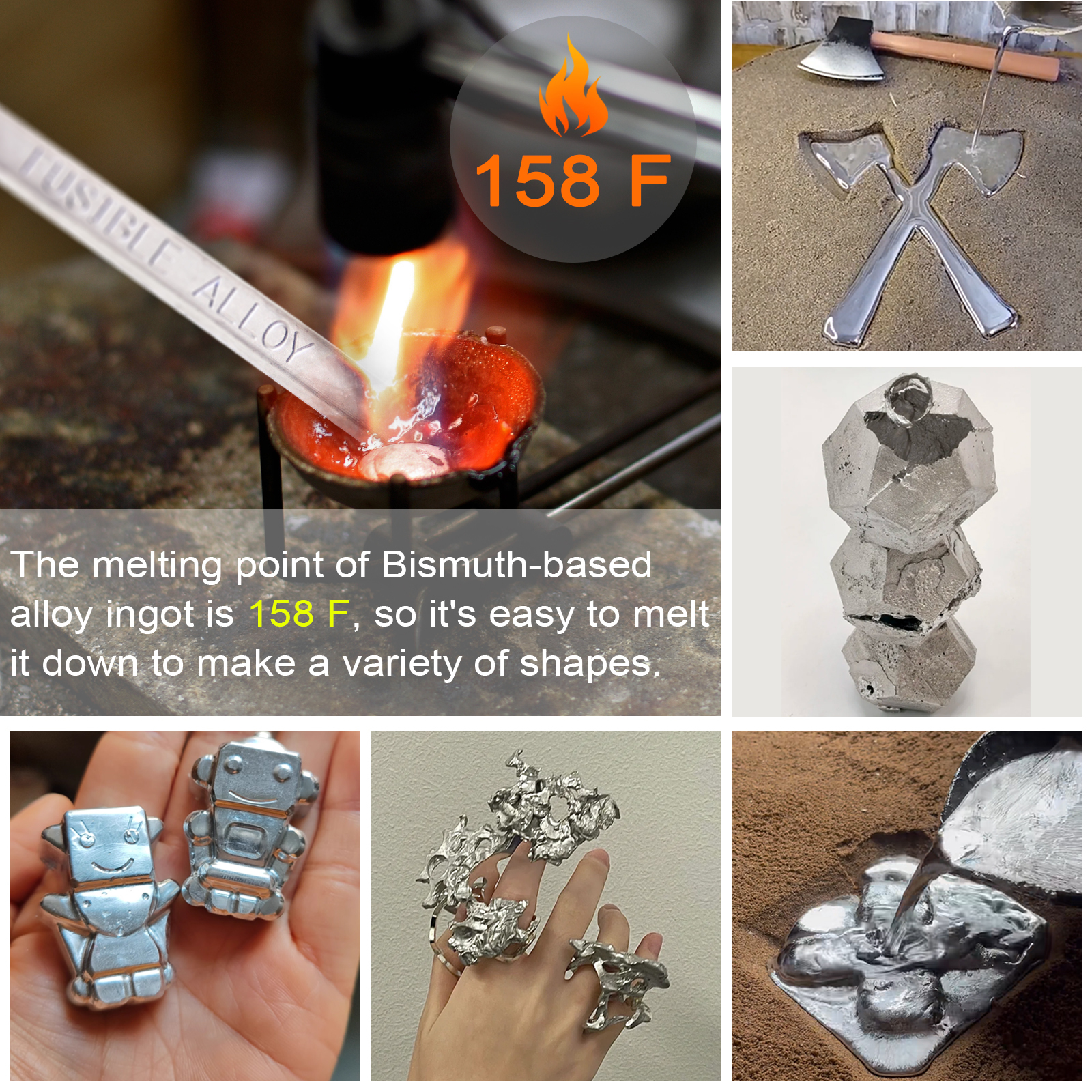 1Lb 158-190F Low-Melting Point Bismuth-Based Alloy Ingot, Cerrosafe Metal Ideal for Metal Casting, Barrel Casting, Measuring, Chamber Casting, Lead-Tin-Bismuth Alloy Easy to Melt