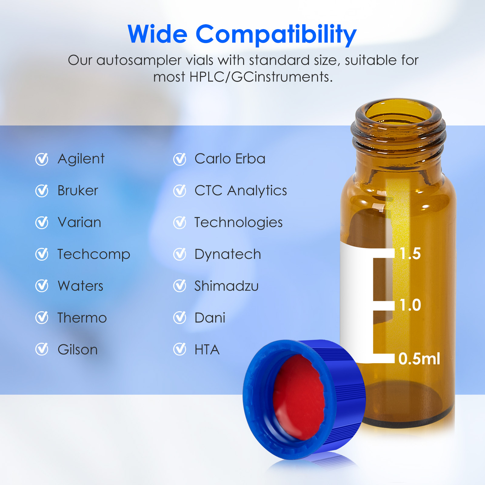 2ml Autosampler Vials, 9-425 HPLC vials, 2ml Vials with Screw Caps, Red PTFE & White Silicone Septa, 100 Pacs PTFE Vials