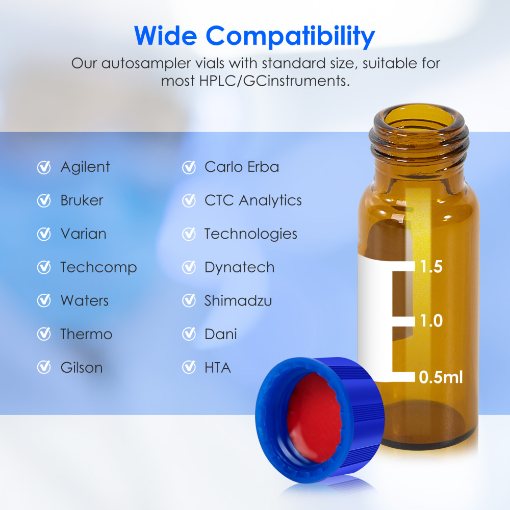 2ml Autosampler Vials, 9-425 HPLC vials, 2ml Vials with Screw Caps, Red PTFE & White Silicone Septa, 100 Pacs PTFE Vials