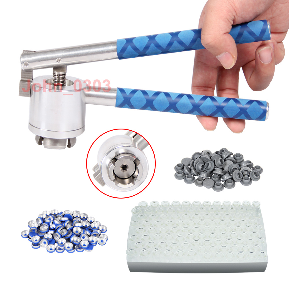 20mm Flip Vial Crimper + 100 Glass Vials (10 ml) + 100 Rubber Stoppers + 100 Plastic-aluminum Flip Caps
