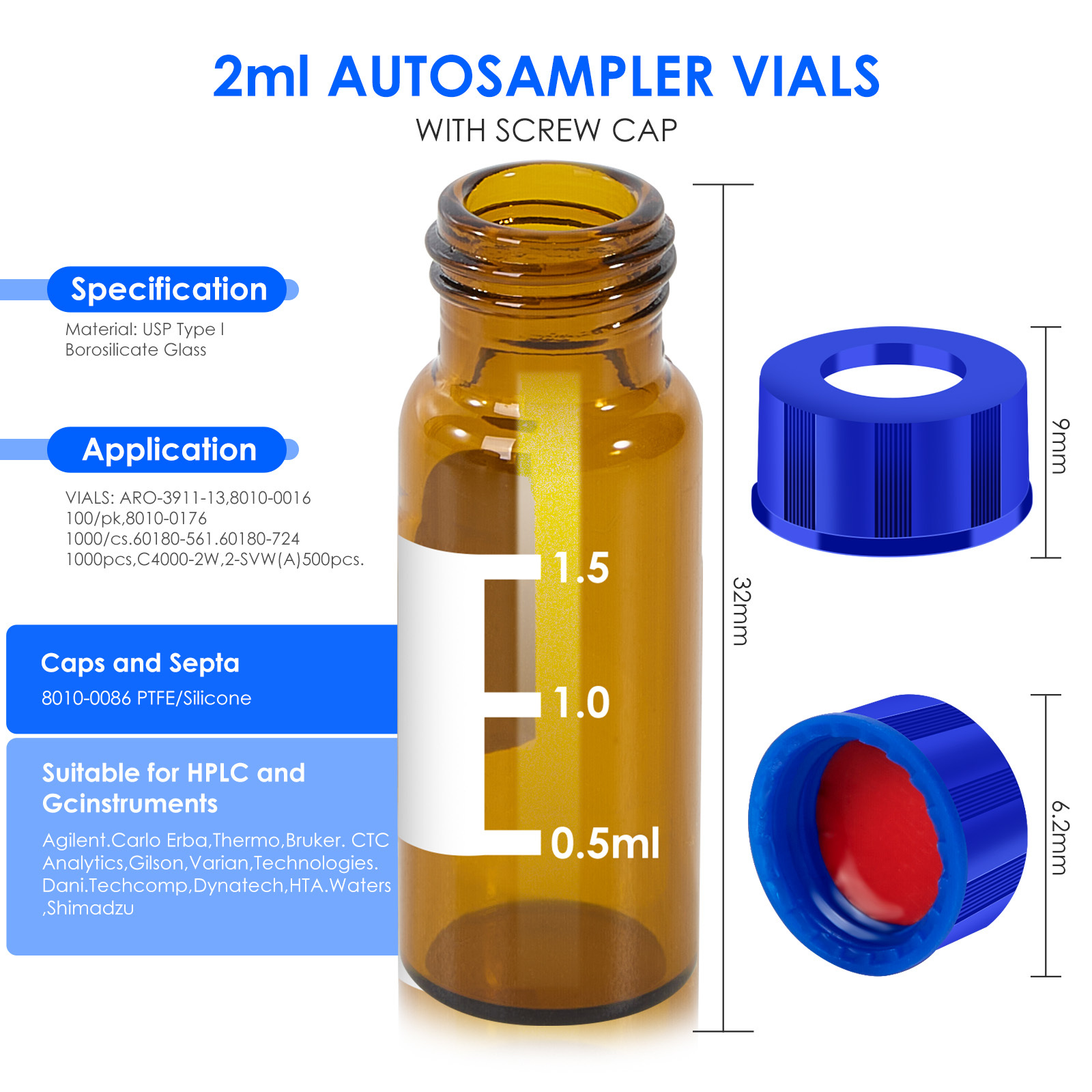 2ml Autosampler Vials, 9-425 HPLC vials, 2ml Vials with Screw Caps, Red PTFE & White Silicone Septa, 100 Pacs PTFE Vials
