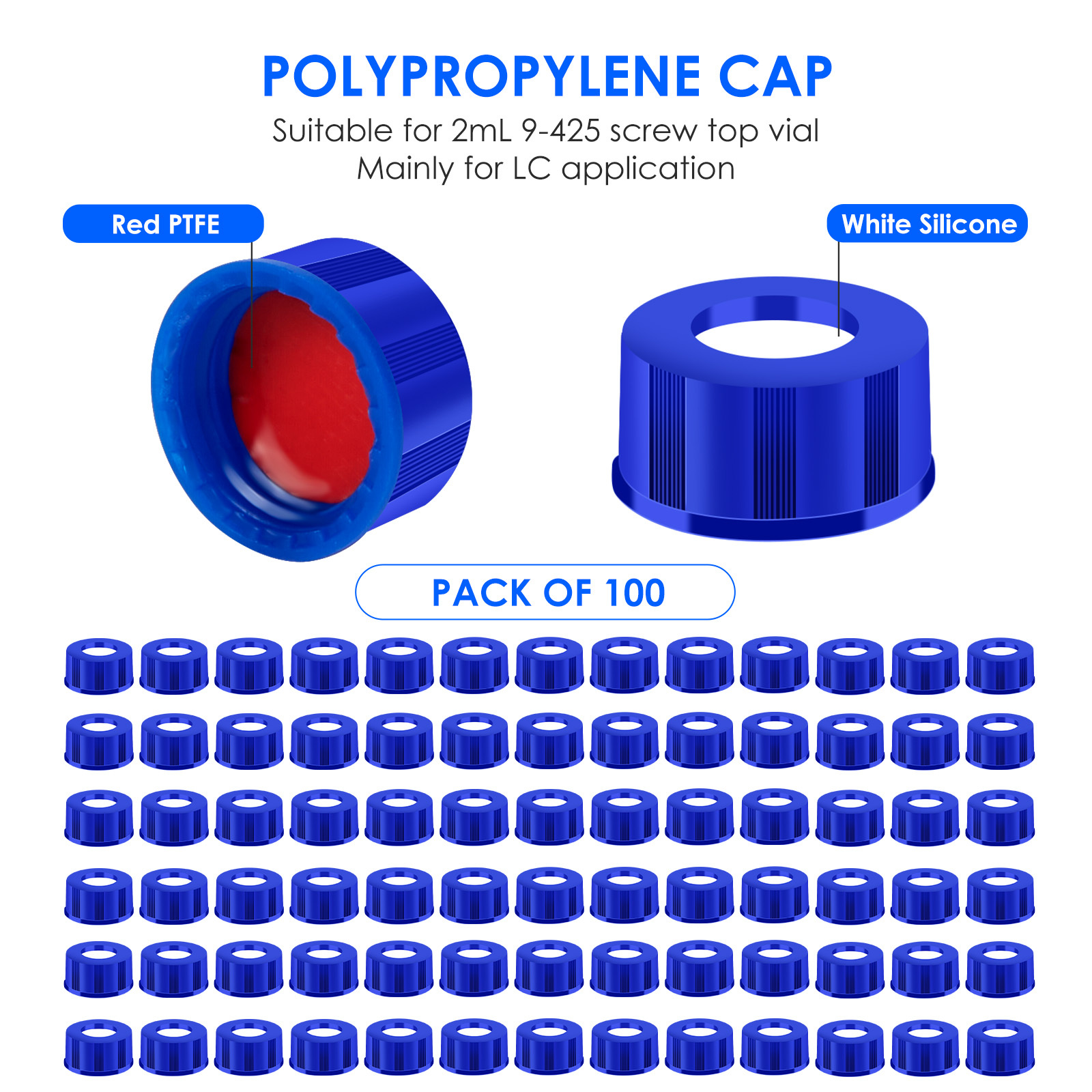 2ml Autosampler Vials, 9-425 HPLC vials, 2ml Vials with Screw Caps, Red PTFE & White Silicone Septa, 100 Pacs PTFE Vials