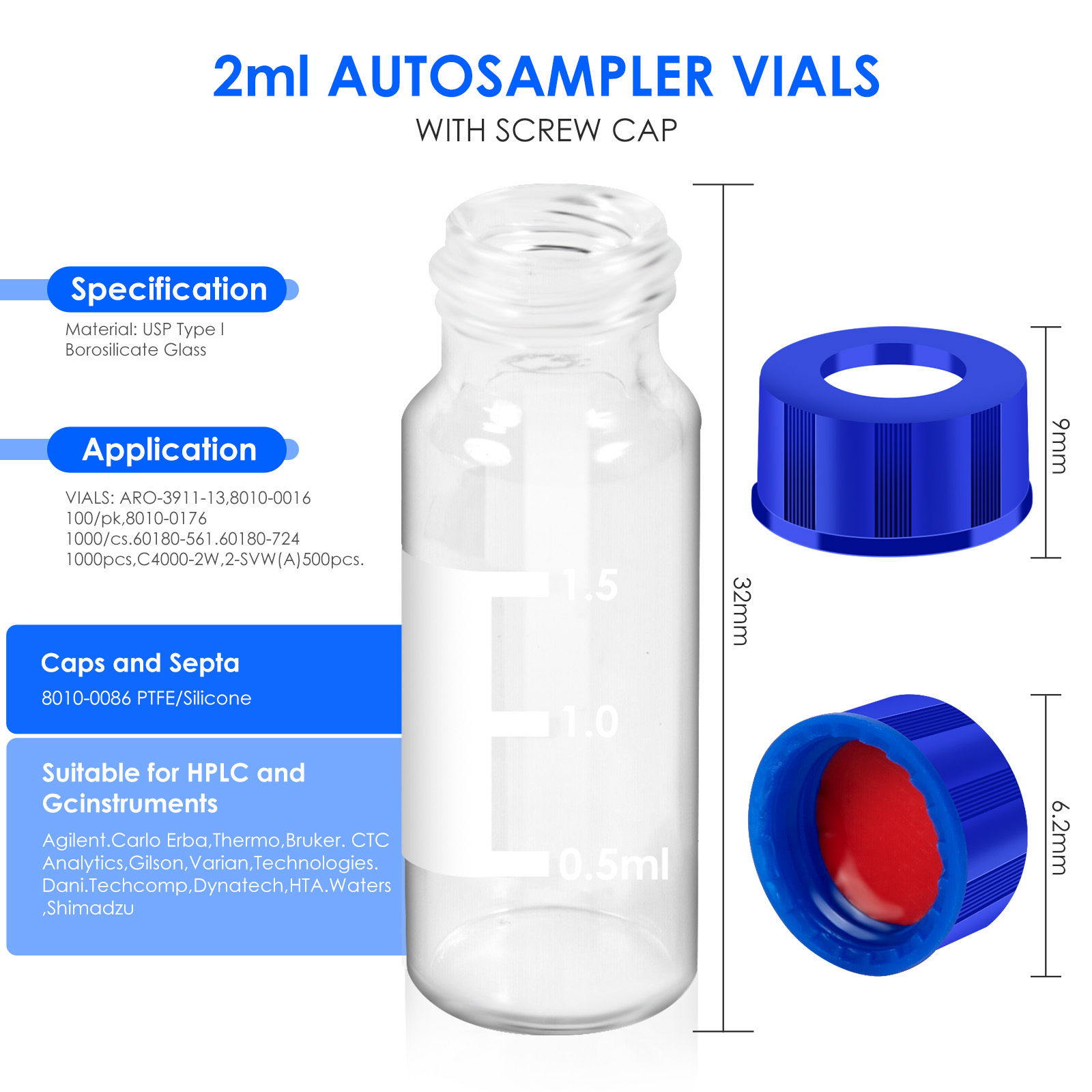 2ml Autosampler Vials, 9-425 HPLC vials, 2ml Vials with Screw Caps, Red PTFE & White Silicone Septa, 100 Pacs PTFE Vials