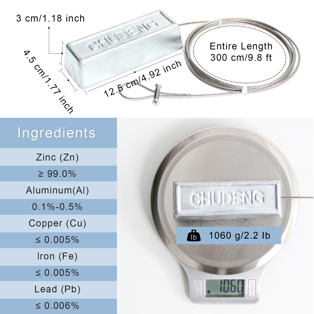 2.2lb Zinc Anode with 10ft. 316 Stainless Steel Cable for Boat Lifts, Hanging Anti-Electrolysis Sacrificial Zinc Anode for Craft Boats and Saltwater Pool, Including Crimps for Versatile Attachment