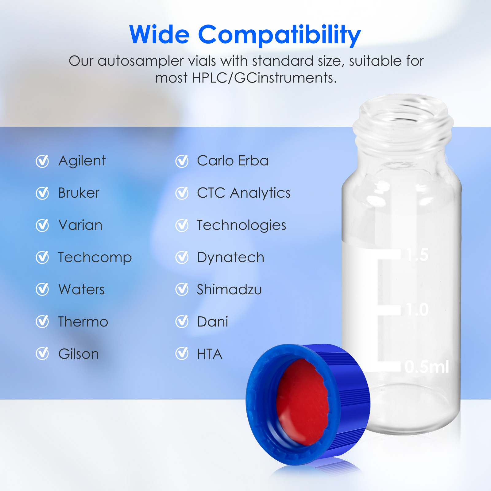 2ml Autosampler Vials, 9-425 HPLC vials, 2ml Vials with Screw Caps, Red PTFE & White Silicone Septa, 100 Pacs PTFE Vials