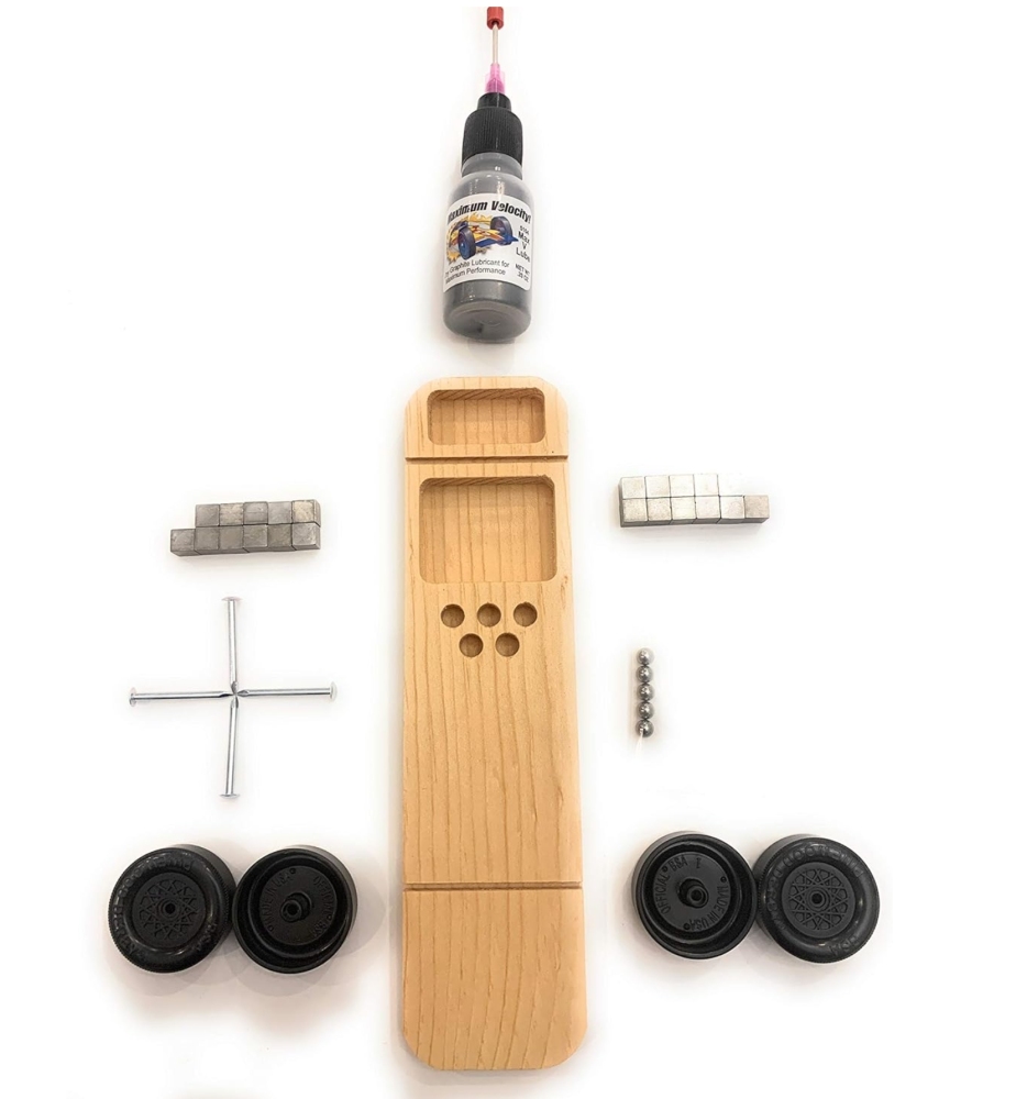 Pinewood Car Kit | Includes Official Scout Speed Wheels, Speed Axles, Graphite & Tungsten Weight | Wing Car Derby Car Kit