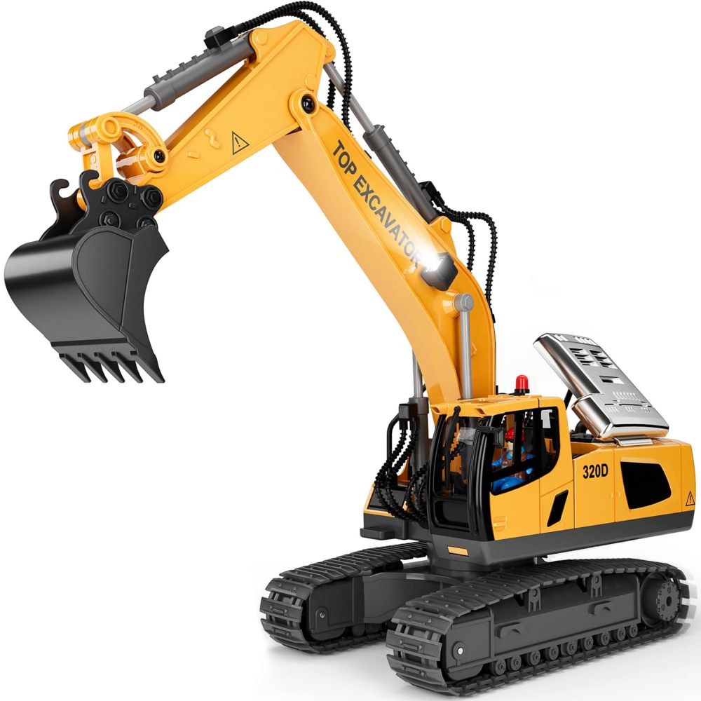 XLabToys Remote Control Excavator Construction Toys for Boys, 2×1200mAh RC Construction Truck with Metal Shovel & Light, 11CH Excavator Toys for Boys 3-5 4-7 8-12 Year Old