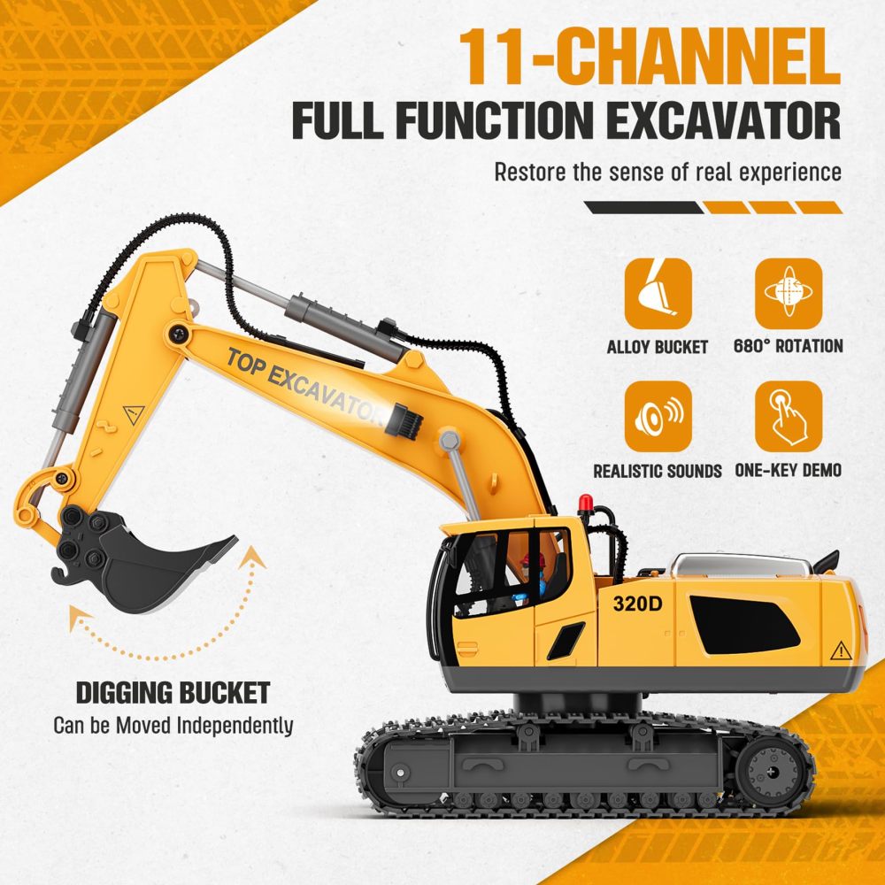 XLabToys Remote Control Excavator Construction Toys for Boys, 2×1200mAh RC Construction Truck with Metal Shovel & Light, 11CH Excavator Toys for Boys 3-5 4-7 8-12 Year Old