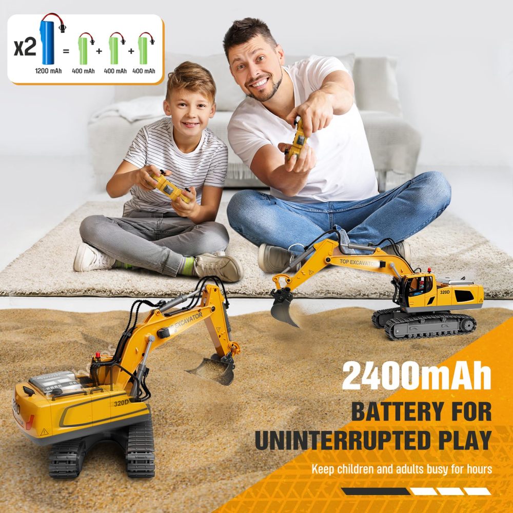 XLabToys Remote Control Excavator Construction Toys for Boys, 2×1200mAh RC Construction Truck with Metal Shovel & Light, 11CH Excavator Toys for Boys 3-5 4-7 8-12 Year Old