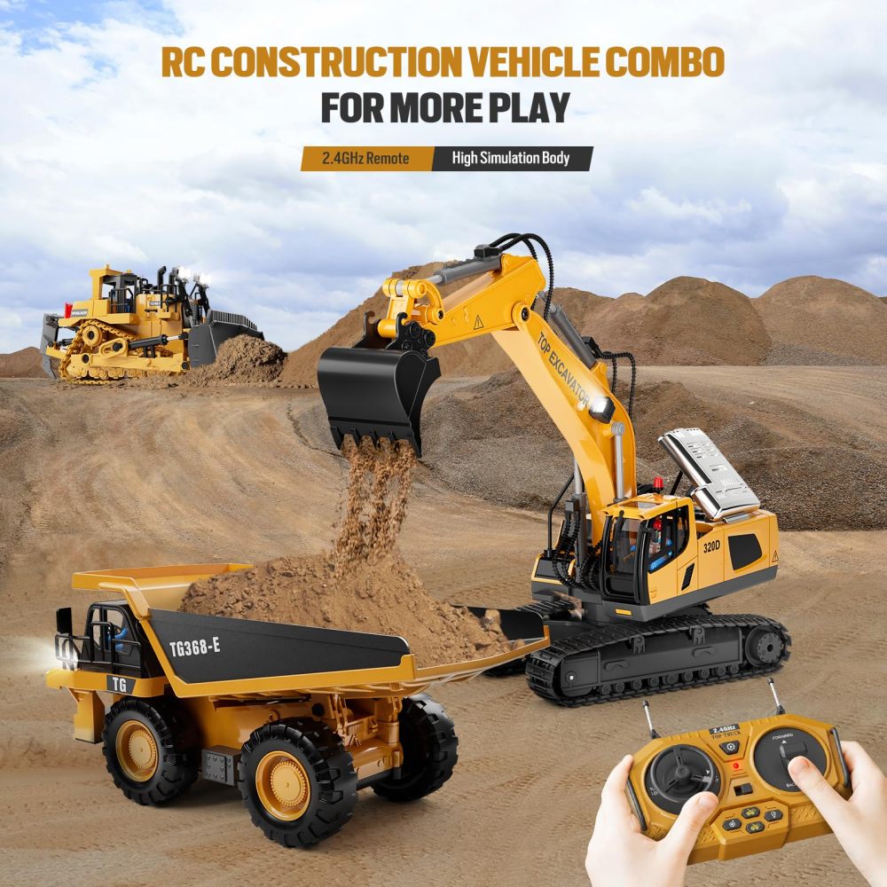 XLabToys Remote Control Excavator Construction Toys for Boys, 2×1200mAh RC Construction Truck with Metal Shovel & Light, 11CH Excavator Toys for Boys 3-5 4-7 8-12 Year Old
