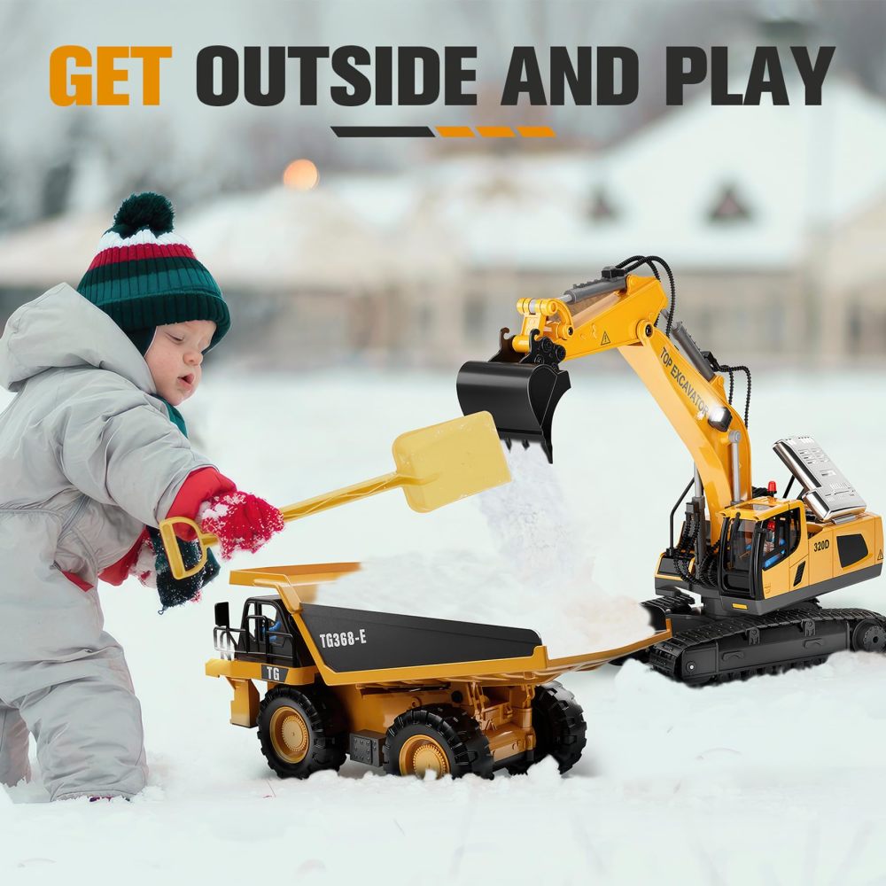 XLabToys Remote Control Excavator Construction Toys for Boys, 2×1200mAh RC Construction Truck with Metal Shovel & Light, 11CH Excavator Toys for Boys 3-5 4-7 8-12 Year Old