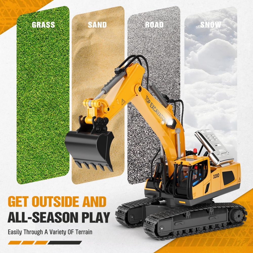 XLabToys Remote Control Excavator Construction Toys for Boys, 2×1200mAh RC Construction Truck with Metal Shovel & Light, 11CH Excavator Toys for Boys 3-5 4-7 8-12 Year Old