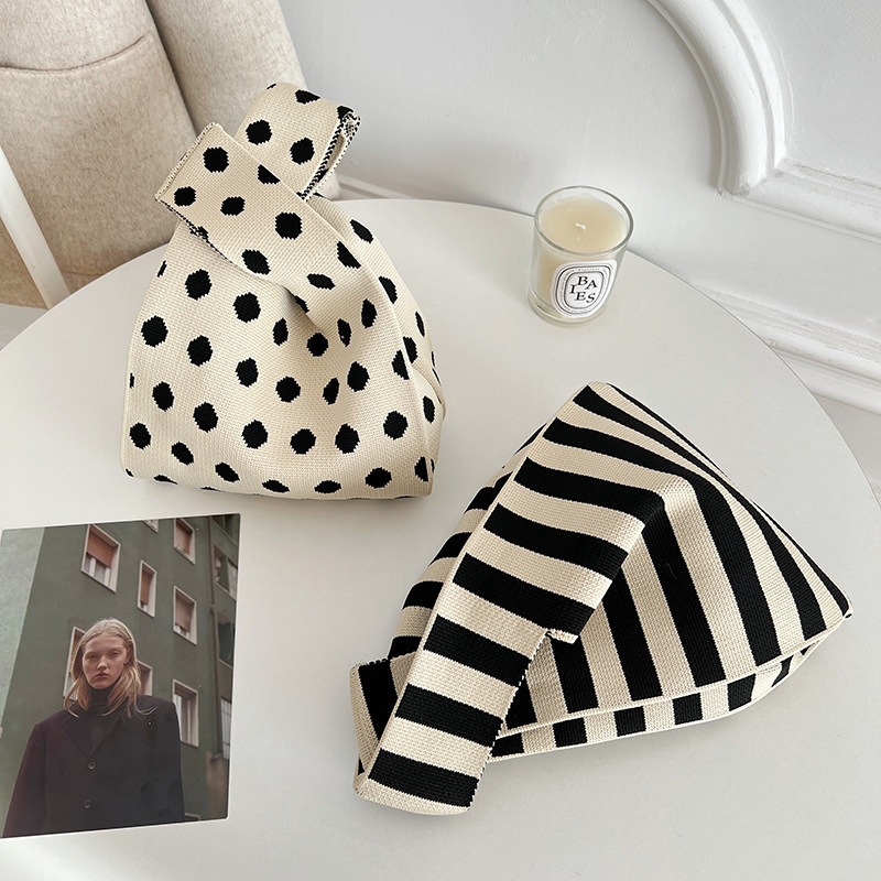 Kusoul Thickened 35x20cm Handmade Knitted Bags Mini Wrist Bag Korean-Style Fashion Tote Handbag Reusable Casual Shopping Bag Polka Dots Black and white Zebra Stripe Woven Bags