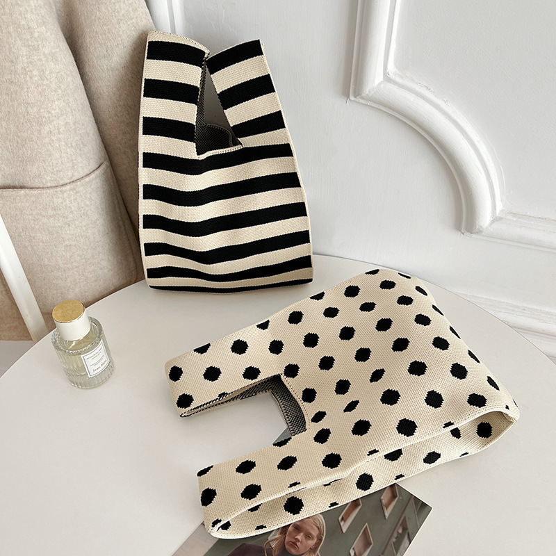 Kusoul Thickened 35x20cm Handmade Knitted Bags Mini Wrist Bag Korean-Style Fashion Tote Handbag Reusable Casual Shopping Bag Polka Dots Black and white Zebra Stripe Woven Bags