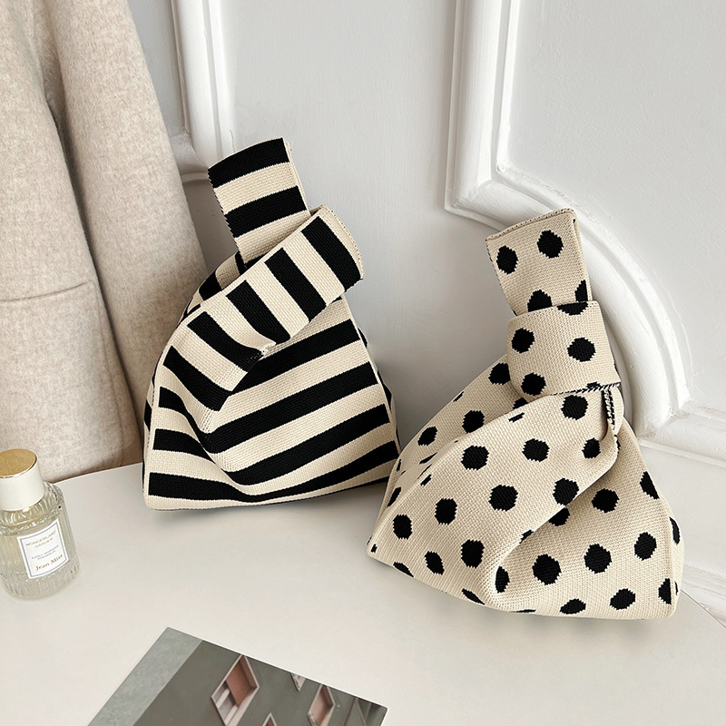 Kusoul Thickened 35x20cm Handmade Knitted Bags Mini Wrist Bag Korean-Style Fashion Tote Handbag Reusable Casual Shopping Bag Polka Dots Black and white Zebra Stripe Woven Bags