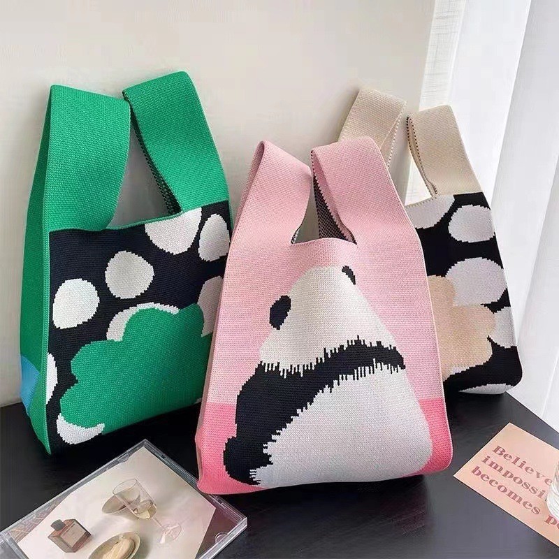 Kosoul Thickened 35x20cm Fashion Knitted Knot Wrist Bag Cartoon Large Capacity Handbag Handmade Tote Bag for Women Girls Back to the panda,A and B sides have different patterns