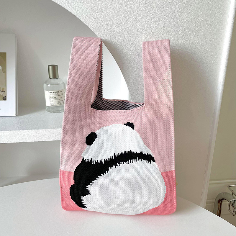 Kosoul Thickened 35x20cm Fashion Knitted Knot Wrist Bag Cartoon Large Capacity Handbag Handmade Tote Bag for Women Girls Back to the panda,A and B sides have different patterns