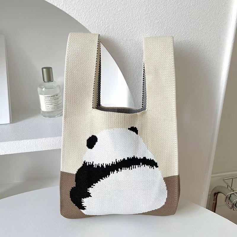 Kosoul Thickened 35x20cm Fashion Knitted Knot Wrist Bag Cartoon Large Capacity Handbag Handmade Tote Bag for Women Girls Back to the panda,A and B sides have different patterns