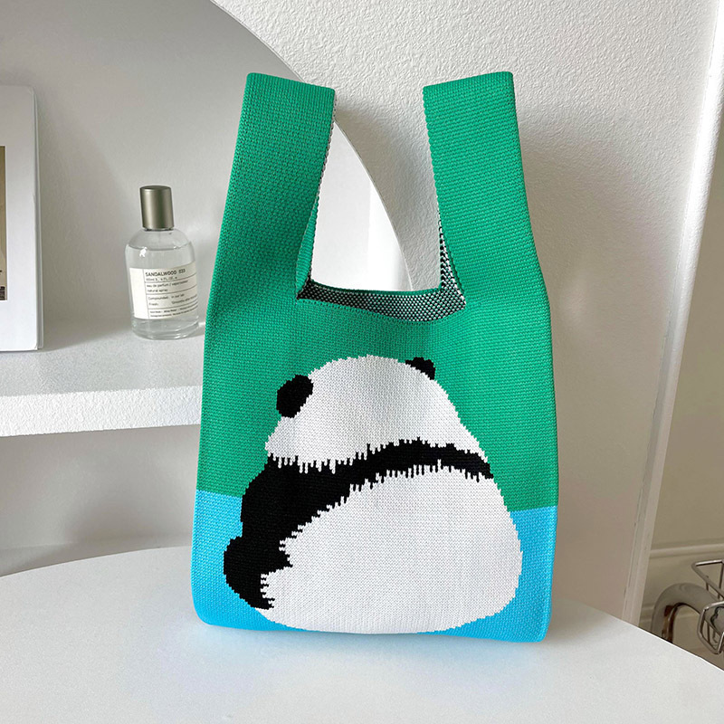 Kosoul Thickened 35x20cm Fashion Knitted Knot Wrist Bag Cartoon Large Capacity Handbag Handmade Tote Bag for Women Girls Back to the panda,A and B sides have different patterns