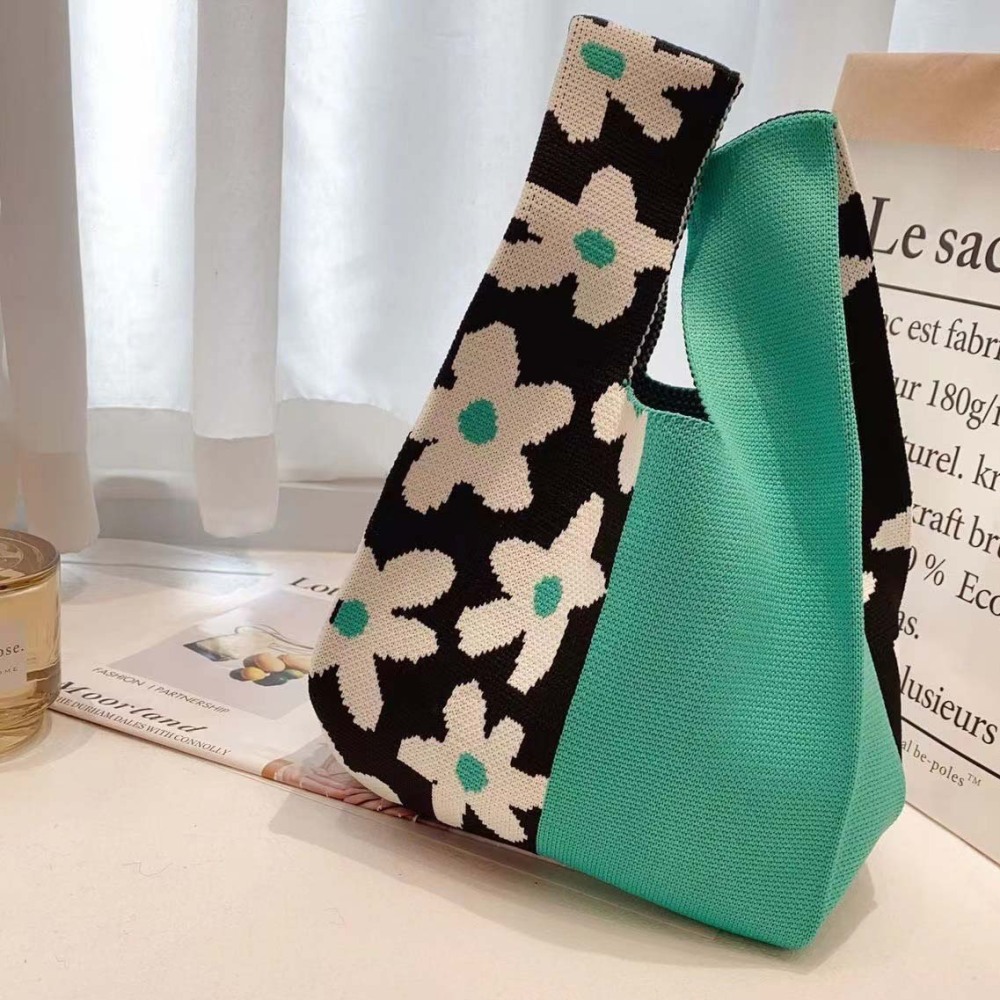 Kosoul Thickened 35x20cm Knitted bags Casual Flower Knot Heart Wrist Bag Knit Handbag Shopping Bags Tote Bag Tote Knit Wrist Handbag Cute little flowers woven bags