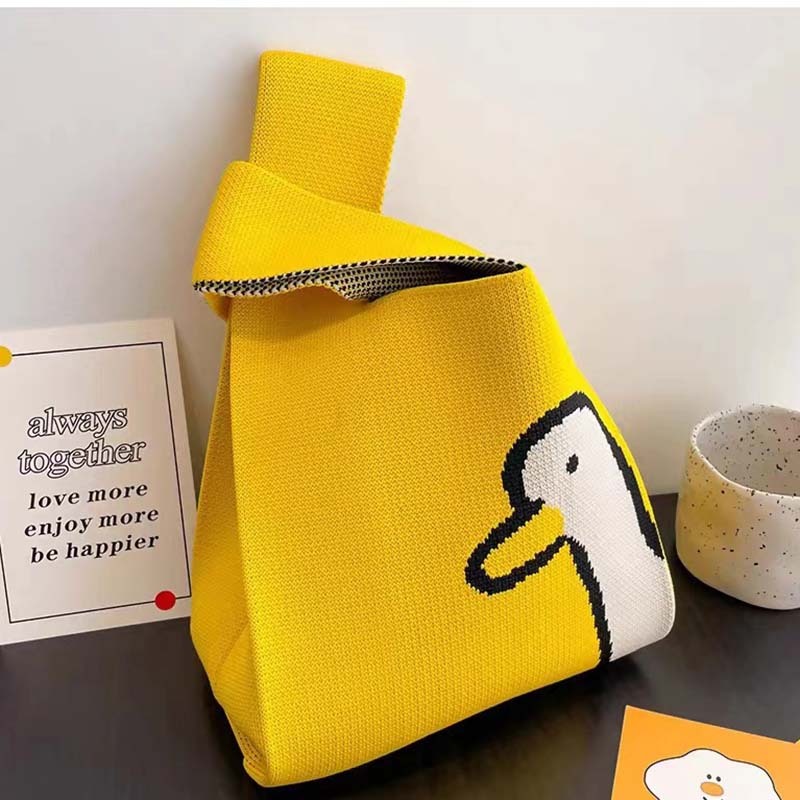 Kusoul Thickened 35x20cm Handmade Knitted Bags Mini Wrist Bag Korean-Style Fashion Tote Handbag Reusable Casual Shopping Bag Woven Bags animal Dumb Duck Little Monster