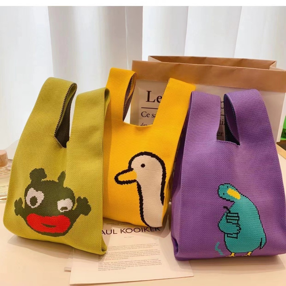Kusoul Thickened 35x20cm Handmade Knitted Bags Mini Wrist Bag Korean-Style Fashion Tote Handbag Reusable Casual Shopping Bag Woven Bags animal Dumb Duck Little Monster
