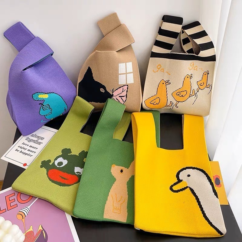 Kusoul Thickened 35x20cm Handmade Knitted Bags Mini Wrist Bag Korean-Style Fashion Tote Handbag Reusable Casual Shopping Bag Woven Bags animal Dumb Duck Little Monster