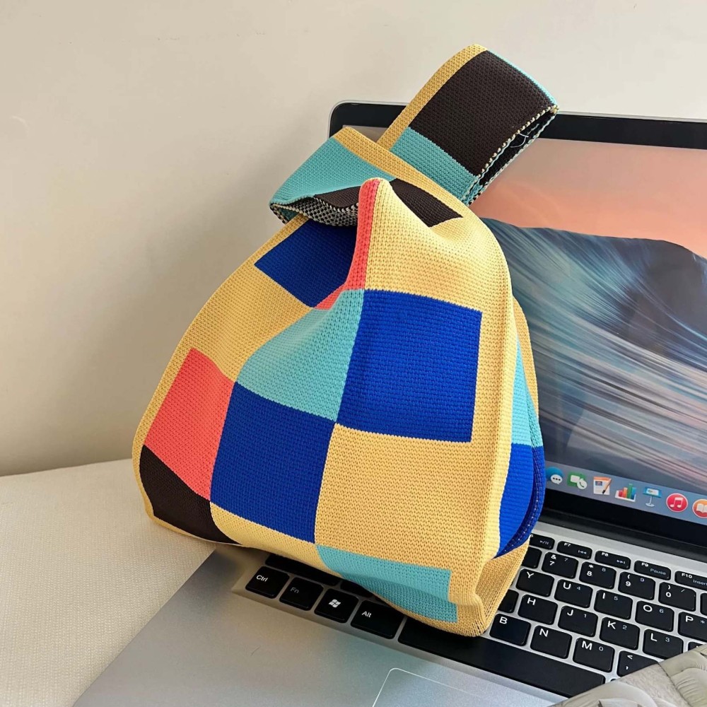 Kosoul 35x20cm Thickened Portable Rainbow checkered Tote Handmade Knitted Bag Women'S Knot Wrist Bag Bucket Phone Bags Large Capacity Autumn Winter Handbags