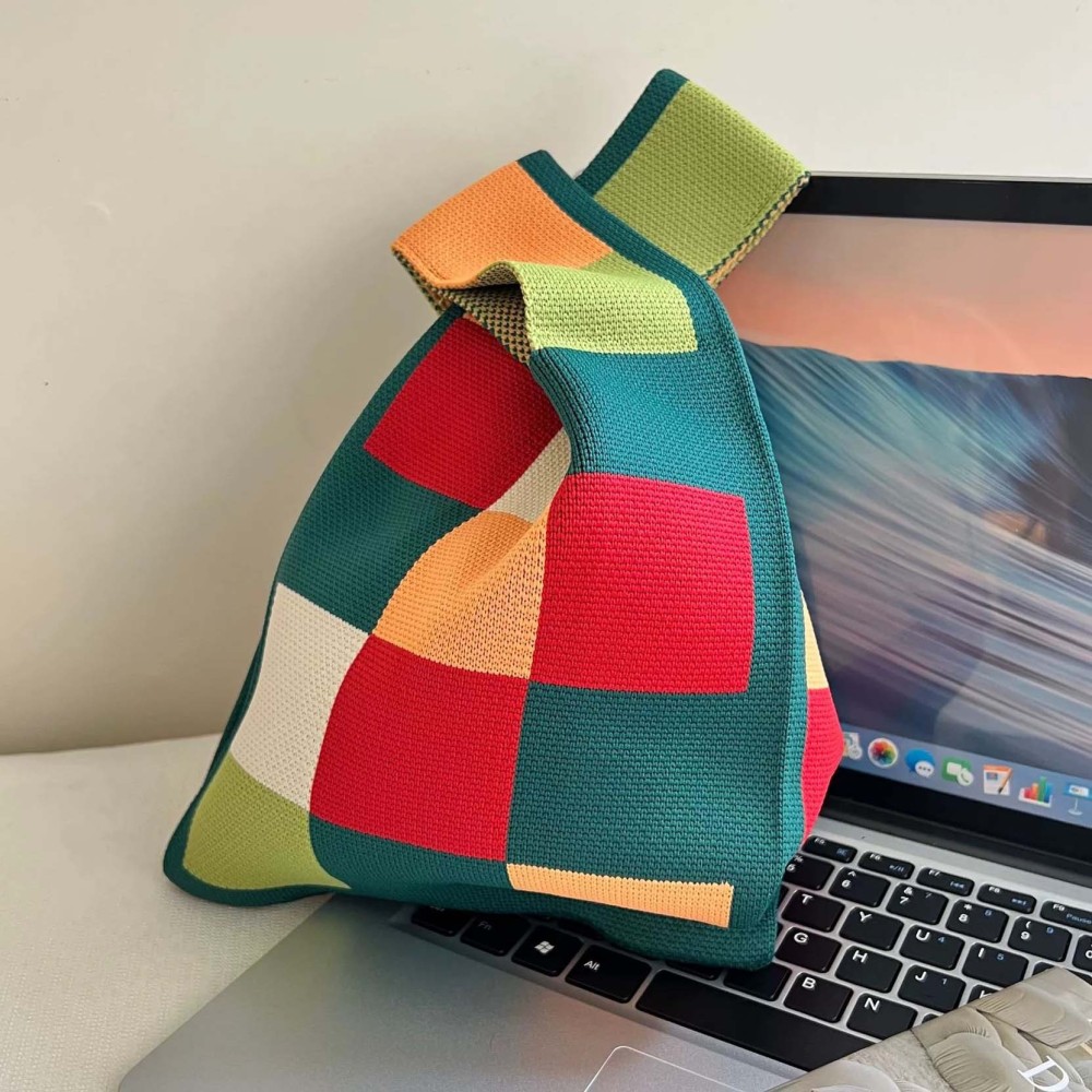 Kosoul 35x20cm Thickened Portable Rainbow checkered Tote Handmade Knitted Bag Women'S Knot Wrist Bag Bucket Phone Bags Large Capacity Autumn Winter Handbags