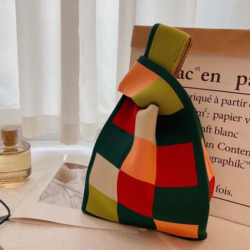 Kosoul 35x20cm Thickened Portable Rainbow checkered Tote Handmade Knitted Bag Women'S Knot Wrist Bag Bucket Phone Bags Large Capacity Autumn Winter Handbags