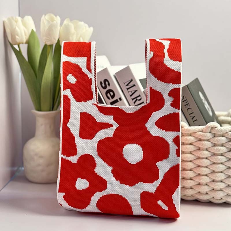 Kosoul Thickened 35x20cm Ins Color Knit Handbag Design Tote Bag Flower Mini Knot Wrist Bag Handmade Shoulder Bag Women Girls Reusable Shopping Bags
