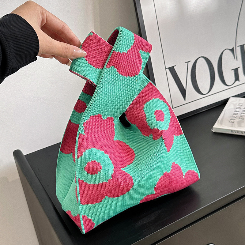 Kusoul Thickened 35x20cm Handmade Knitted Bags Mini Wrist Bag Korean-Style Fashion Tote Handbag Reusable Casual Shopping Bag Flower Woven Bags