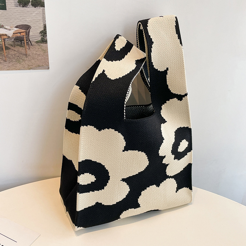 Kosoul Thickened 35x20cm Ins Color Knit Handbag Design Tote Bag Flower Mini Knot Wrist Bag Handmade Shoulder Bag Women Girls Reusable Shopping Bags