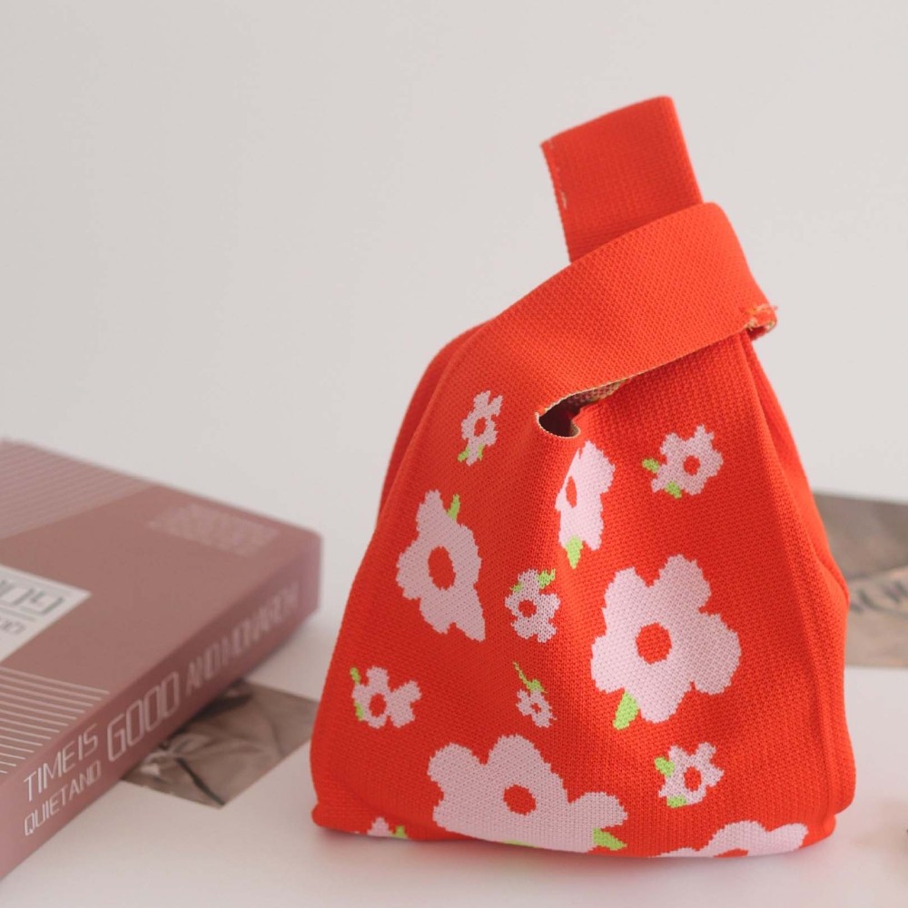 Kosoul Thickened 35x20cm Ins Color Knit Handbag Design Tote Bag Flower Mini Knot Wrist Bag Handmade Shoulder Bag Women Girls Reusable Shopping Bags